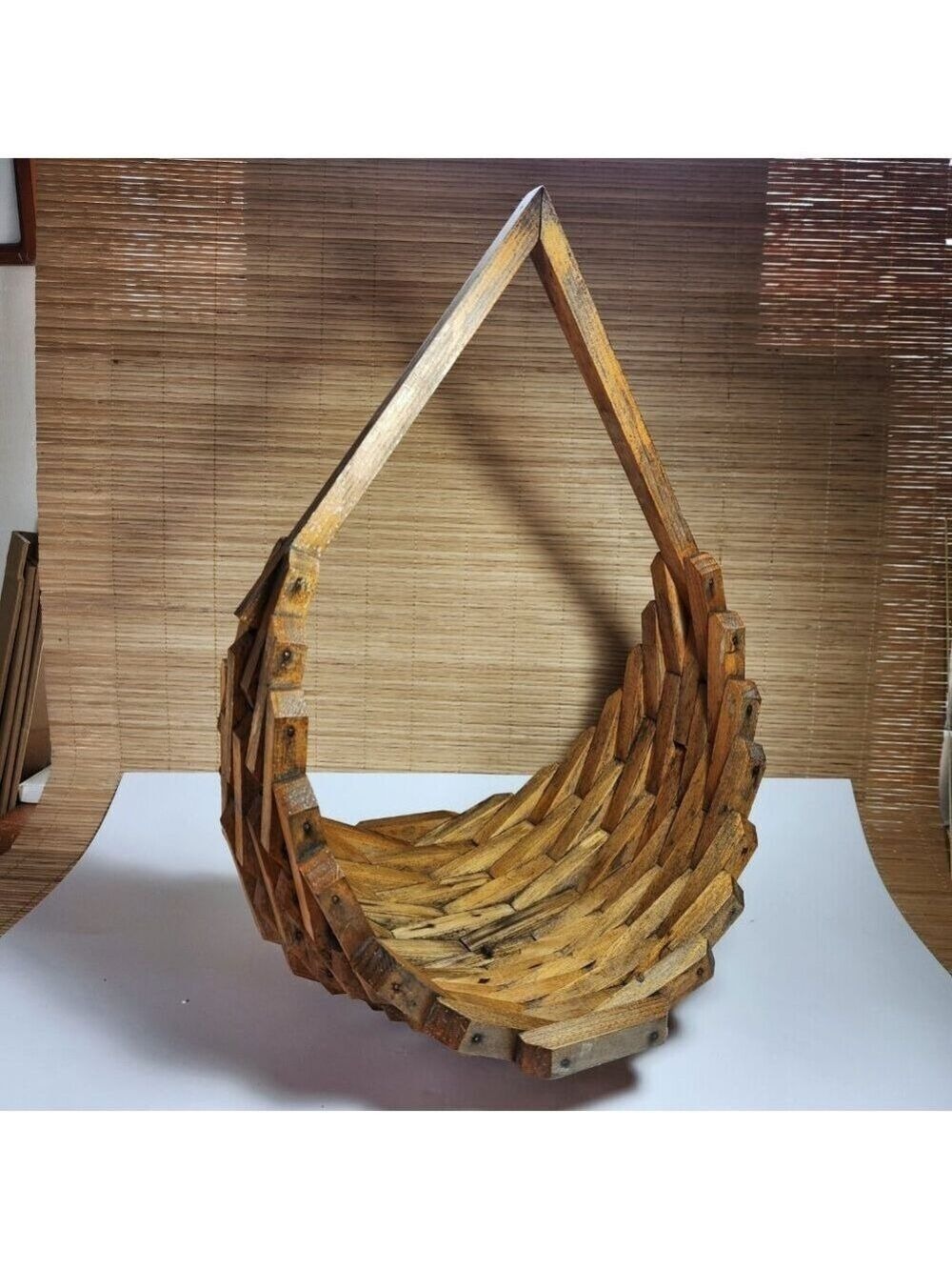 Vintage Wood Block Basket Plant Holder Geometric Boho Decor 22" Tall Mid Century